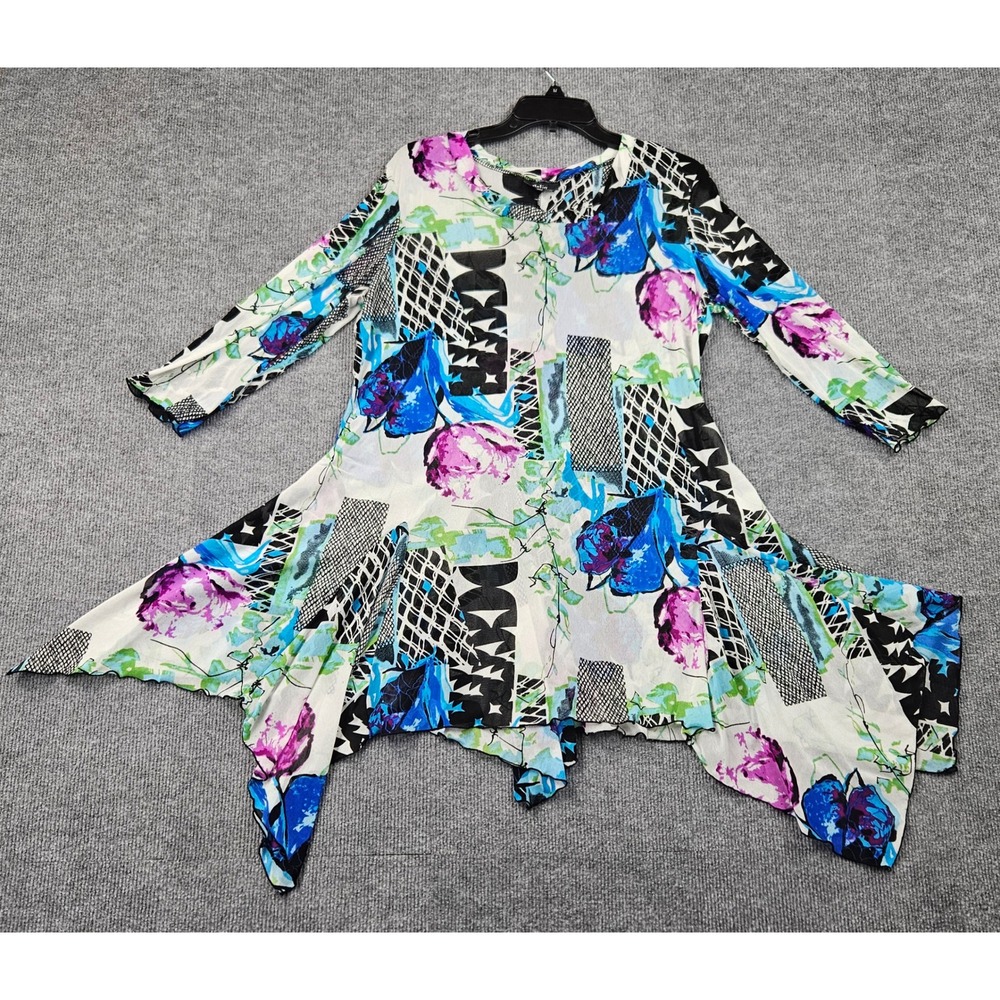 Dalin Womens 1X Multi Color Abstract Floral Handkerchief Hem Mesh Tunic Top